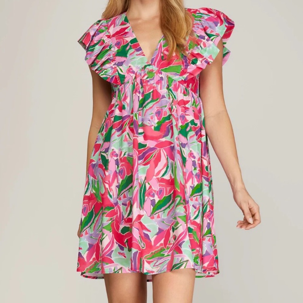 SHE + SKY V-NECK MINI DRESS - FUCHSIA - SMALL